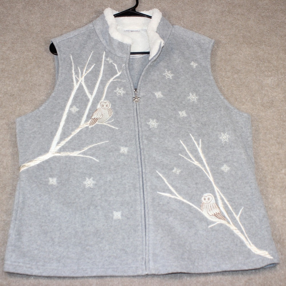 Croft & Barrow Gray Fleece Owl Snowflake Vest Petite XL Zip Up Faux Fur Neck